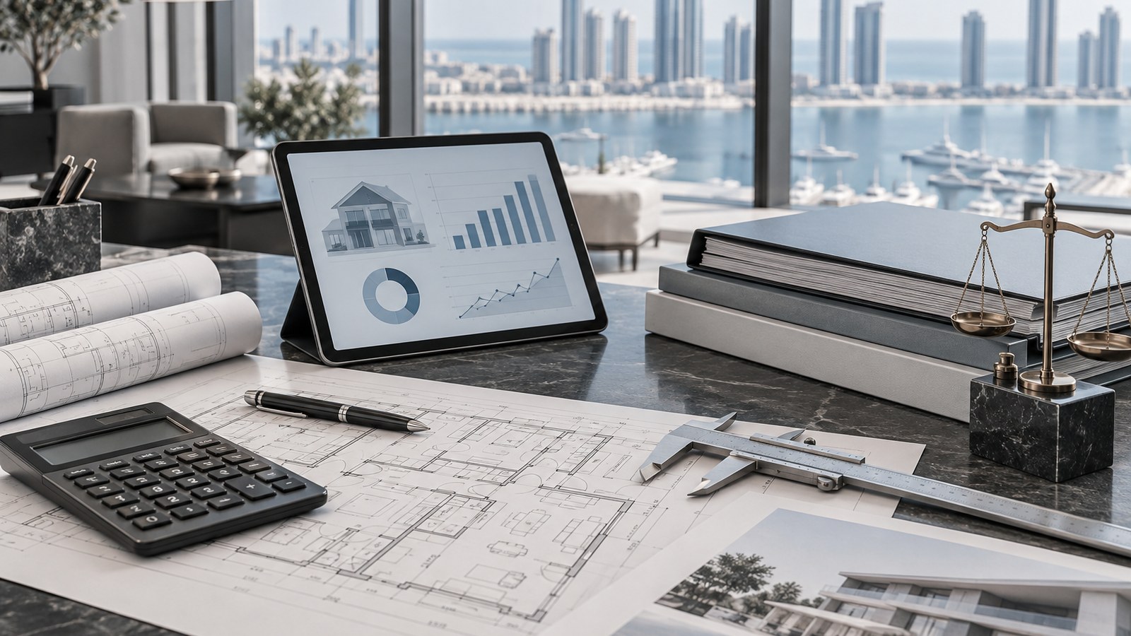 Mesa com plantas, instrumentos de medição e documentos de avaliação imobiliária